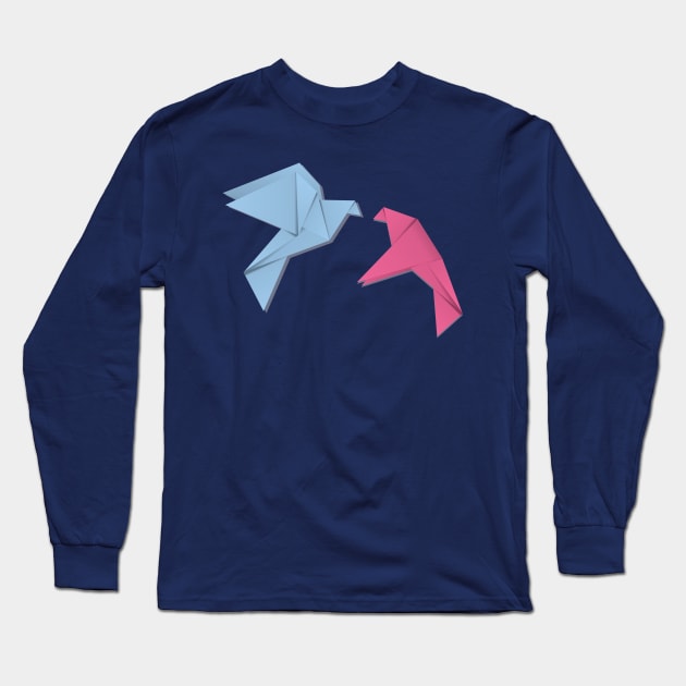 Blue and pink origami pigeons Long Sleeve T-Shirt by AnnArtshock